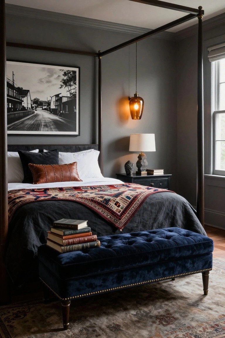 Bedroom interior with dark four-poster bed draped in gray linens and patterned throw, navy tufted velvet bench at foot holding stacked books, gray walls, black-and-white street photo artwork, and bedside table.