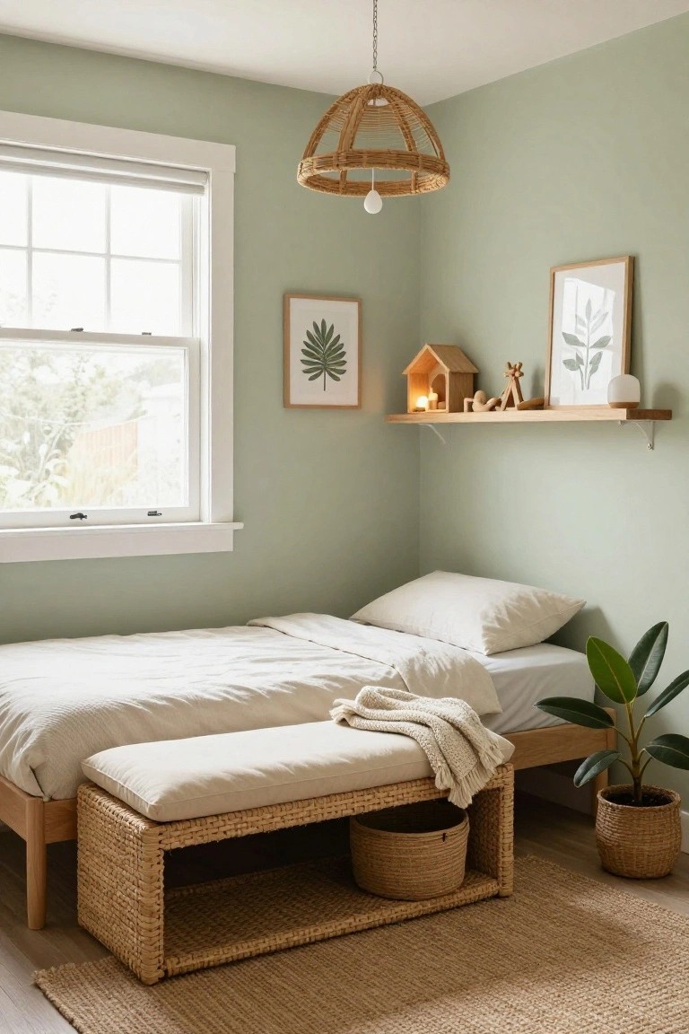 Sage green bedroom with low wooden bed draped in white linens and throw blanket, woven rattan bench with cushion and storage baskets at foot of bed, wooden floating shelf with toys and candle, potted plants, and window with roller shade.