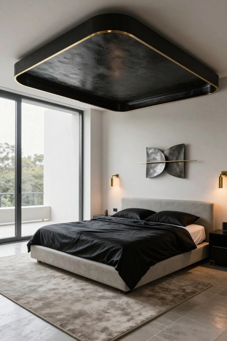 Modern bedroom with large recessed black ceiling panel edged in gold, gray upholstered platform bed draped in black sheets, abstract metallic wall sculpture flanked by wall sconces, and floor-to-ceiling sliding glass doors beside a beige rug on light gray floor.