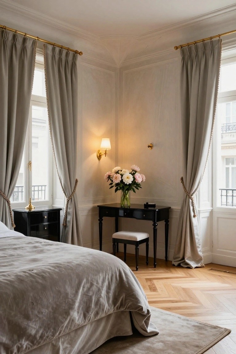 Luxury bedroom with high white ceiling and cornice molding, tall gray pleated curtains on two windows with balcony view, black wood furniture including bed, nightstand, and desk with peony bouquet, wall lamp, and herringbone parquet floor.