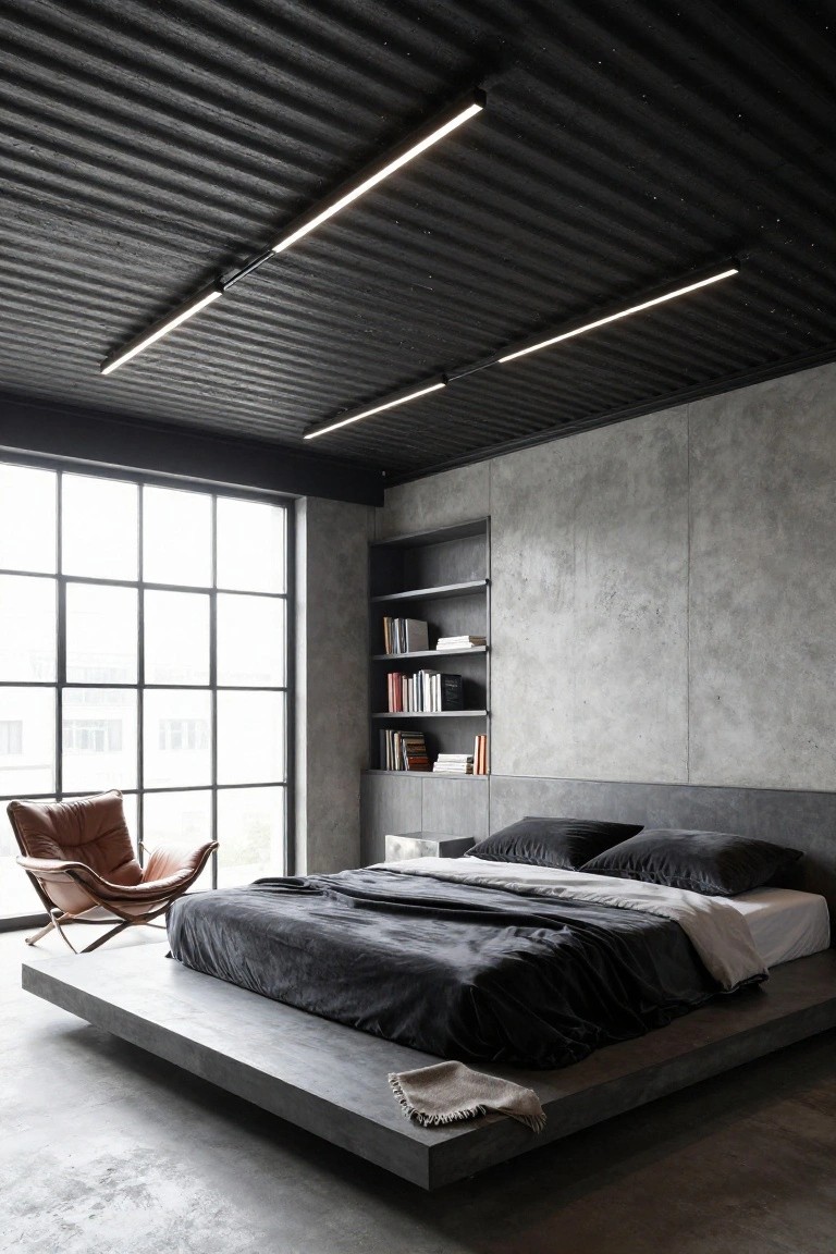 Modern bedroom with black corrugated metal ceiling and recessed linear LED lights, gray concrete walls and floor, floating platform bed with dark bedding, brown leather armchair, built-in shelves, and large grid windows.