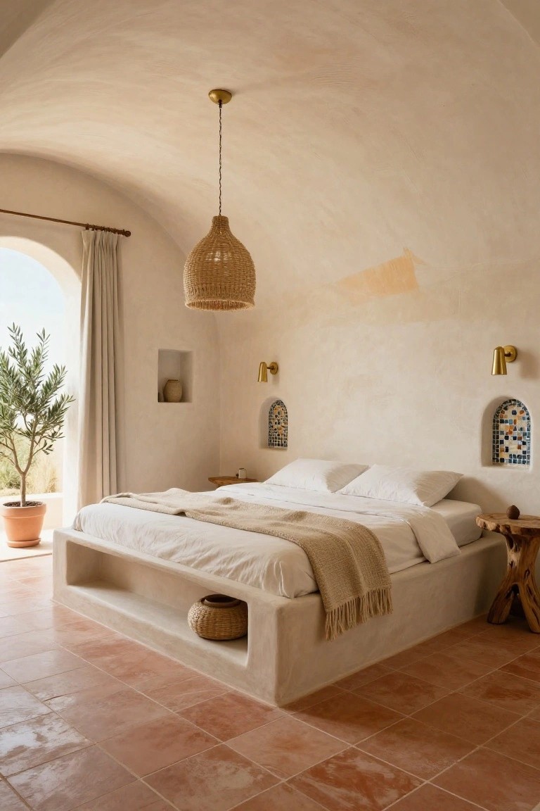 Bedroom with curved white plaster ceiling, low built-in platform bed, woven pendant light, arched window with olive tree view, wall niches with blue tiles, and terracotta floor tiles.