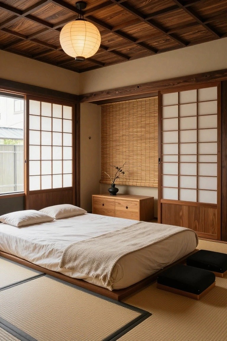 A minimalist Japanese-style bedroom with exposed dark wooden beam ceiling, tatami mat flooring, low wooden platform bed, shoji screens, bamboo wall panel, black vase on wood dresser, and hanging paper lantern light.