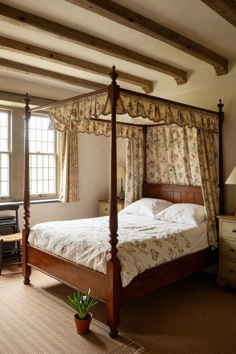 A traditional bedroom interior with dark exposed wooden beams on a light ceiling, a tall four-poster bed draped in floral fabric, wooden side tables, and a potted plant on the floor.