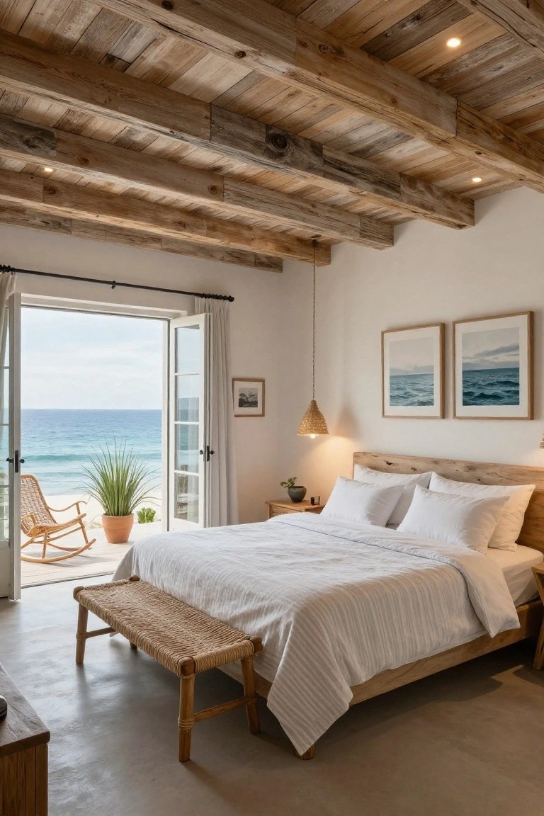 Bedroom interior featuring a vaulted ceiling with exposed reclaimed wooden beams, a white wooden bed with linens, open French doors to an ocean view, rattan furniture, and potted plants on a polished concrete floor.