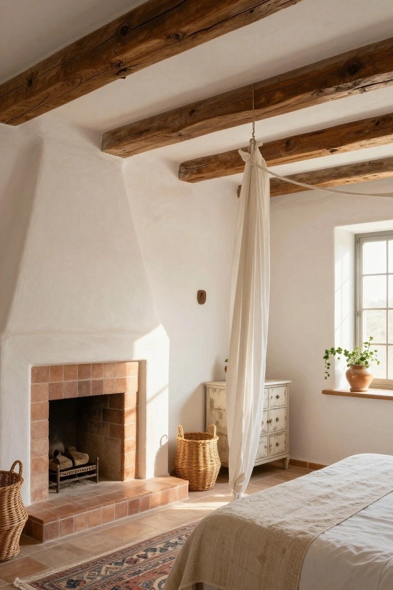 Bedroom with exposed dark wooden beams on the white ceiling, adobe-style fireplace, large bed with beige linens, white sheer curtain hanging from beam, woven baskets, and potted plant near window.
