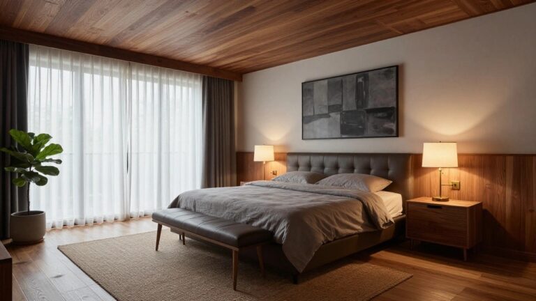 23 Inspiring Luxury Bedroom Ceiling Designs That Elevate the Space Bedroom interior with wood plank ceiling, brown tufted leather headboard bed dressed in gray linens, wooden nightstands, low wooden dresser, potted fiddle leaf fig plant near window with sheer curtains, and leather bench on wood floor with seagrass rug.