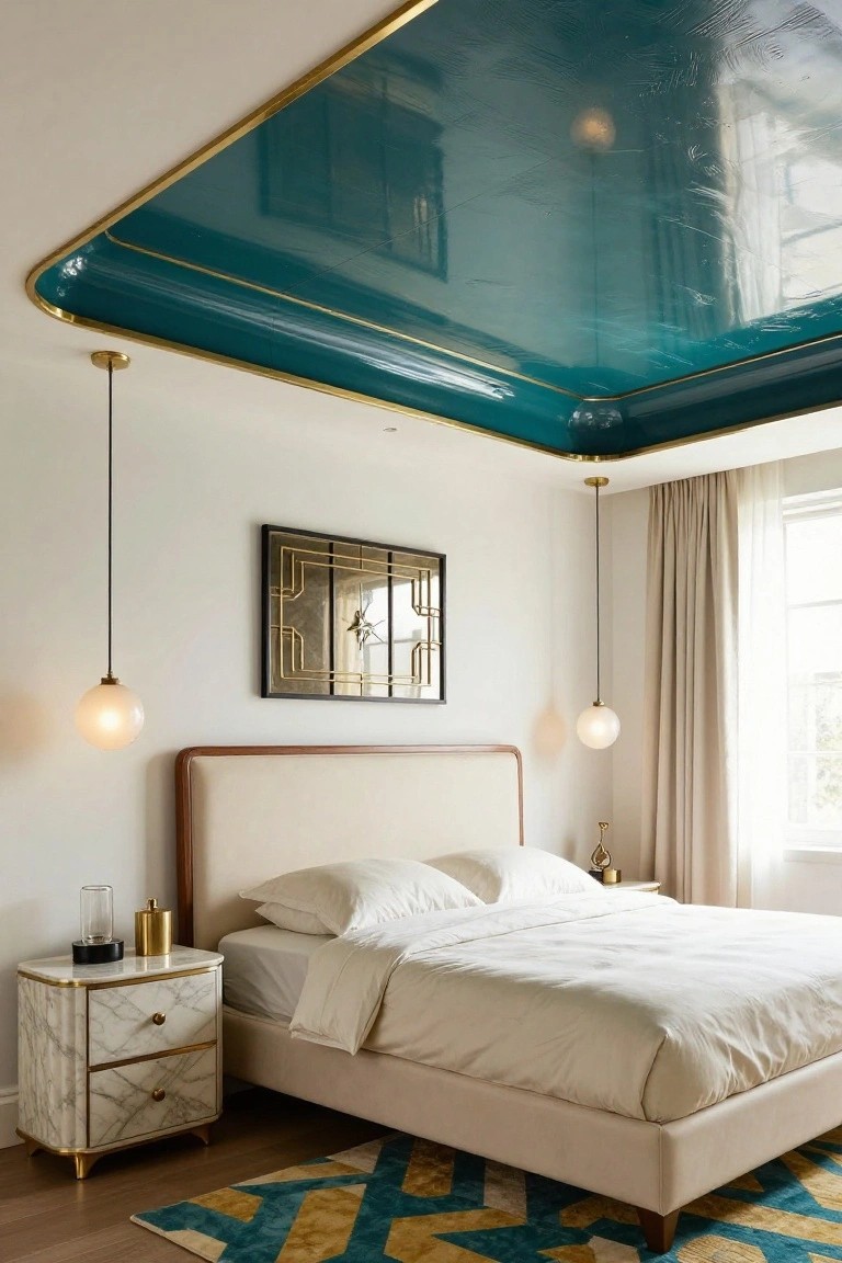 Bedroom with glossy teal ceiling edged in gold, two white pendant lights, geometric gold mirror on wall, beige upholstered bed, marble nightstand with gold accents, and geometric rug on wood floor.
