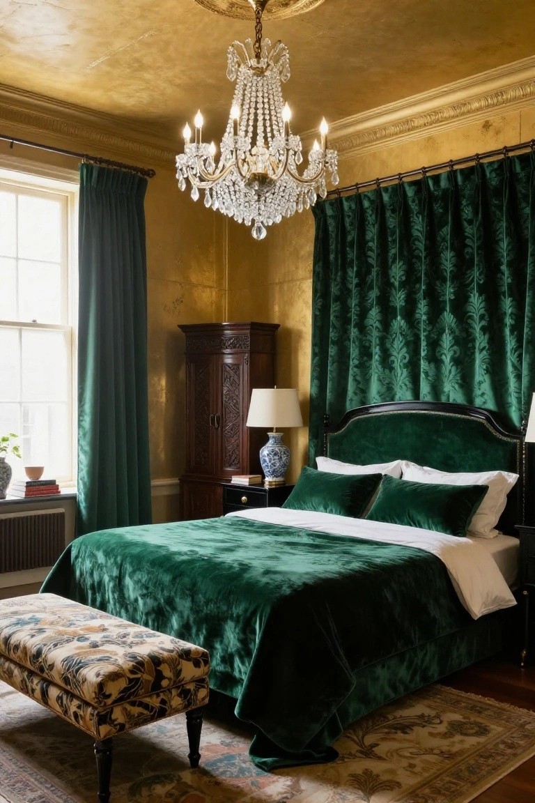 A bedroom interior with textured gold ceiling, multi-arm crystal chandelier, emerald green velvet bed and curtains, dark wood armoire, and bedside lamps.