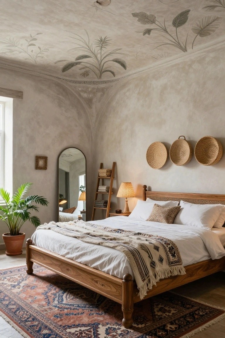 Bedroom corner featuring a curved plaster ceiling hand-painted with botanical leaf motifs in beige and green tones, wooden bed with white linens and woven throw, arched mirror, ladder shelf, woven wall baskets, potted palm, and terracotta rug.