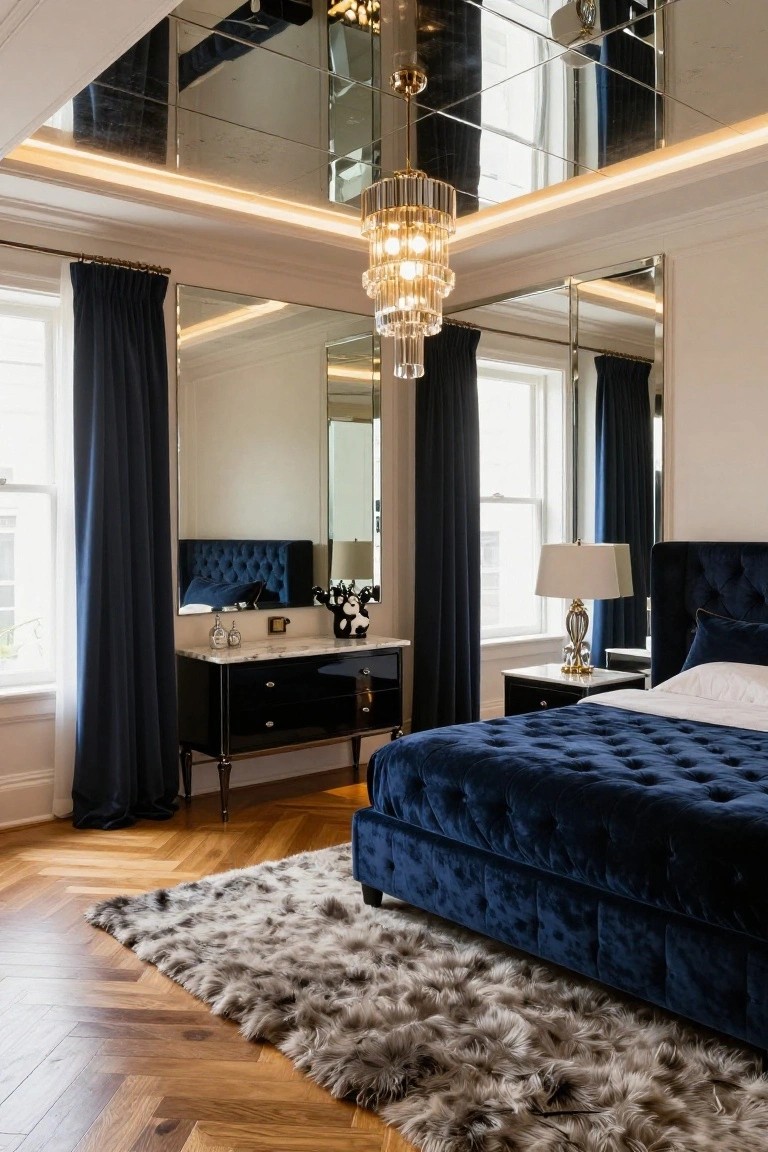 A luxury bedroom with a ceiling covered in mirrored panels edged by LED lighting strips, a multi-tier crystal chandelier hanging centrally, blue velvet upholstered bed, black dresser, and full-length mirrors on walls.