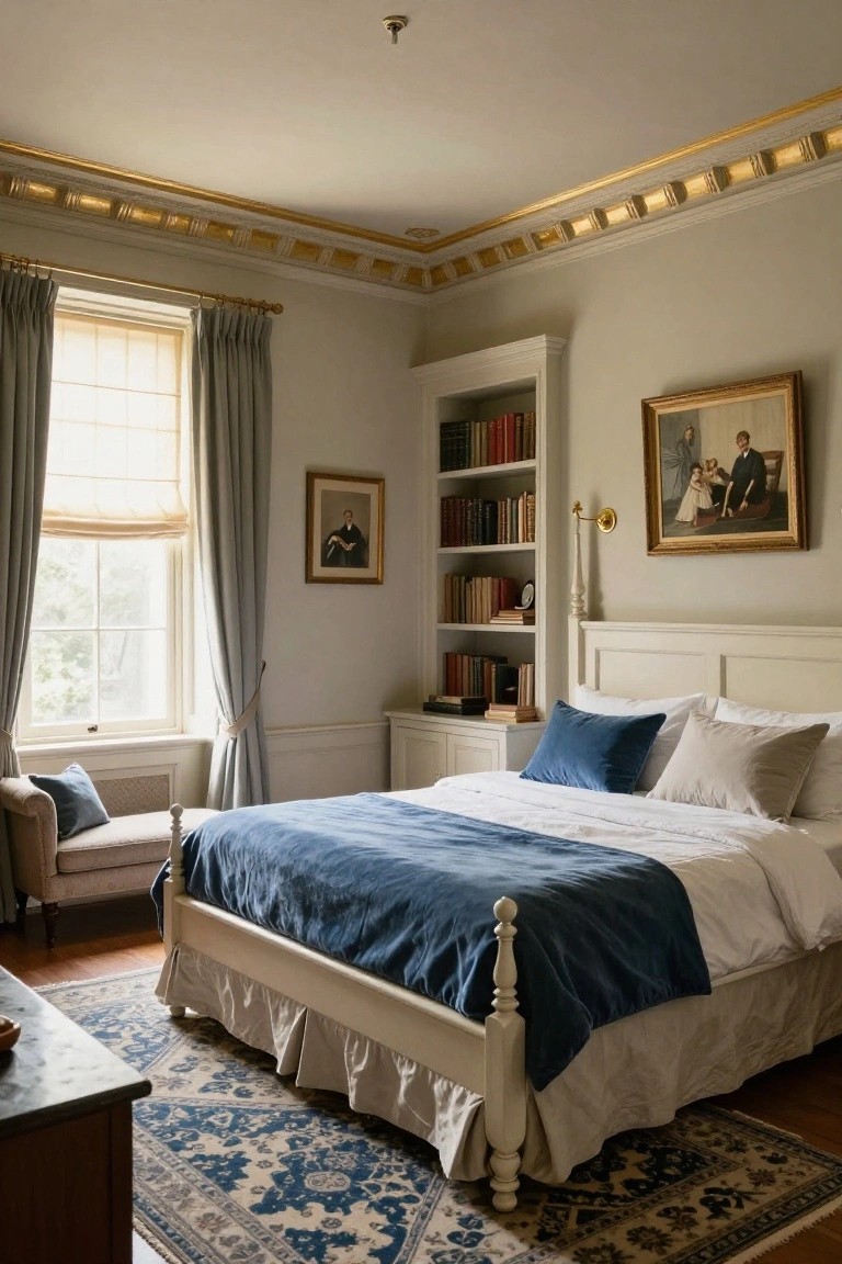 Light-filled bedroom interior with white four-poster bed draped in blue velvet bedding, built-in bookshelves filled with books, gold-framed portraits on walls, gray curtains on tall windows, and ornate gold-gilded ceiling cornices.