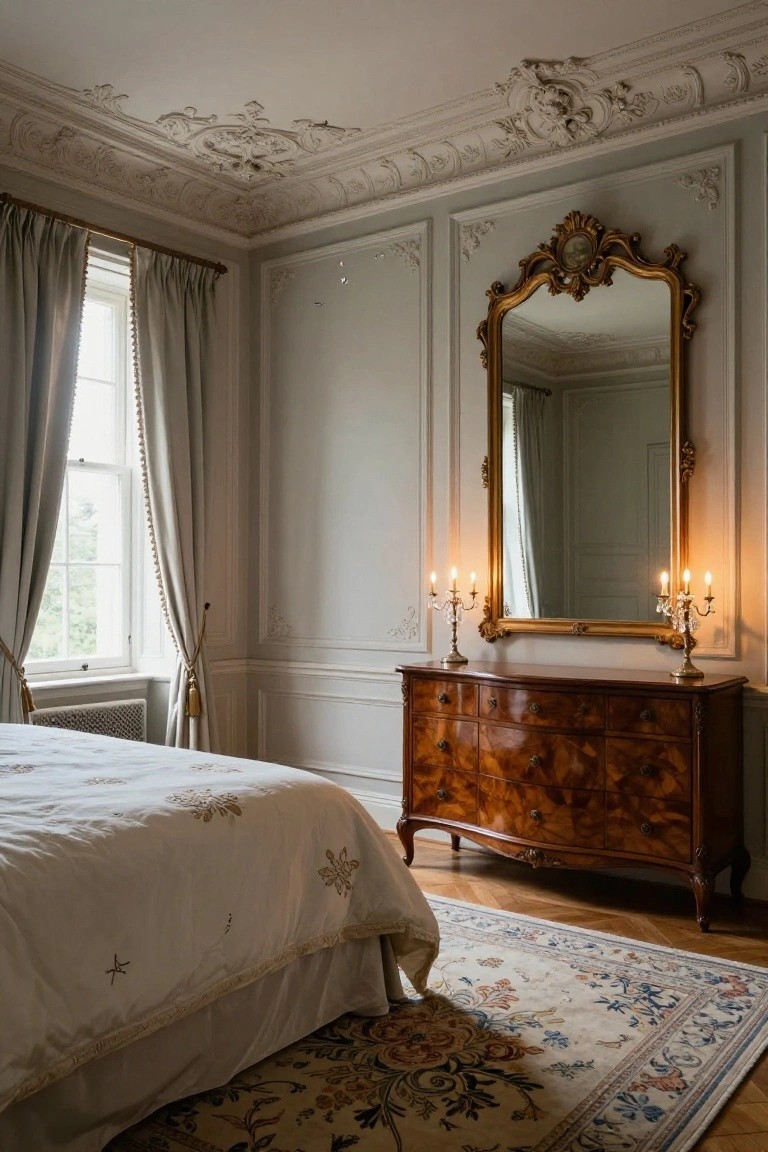 A bedroom interior with pale paneled walls, intricate white plaster ceiling moldings, a large gold-framed mirror over a wooden dresser flanked by candelabras, a white bed with embroidered linens, and a patterned rug on wood floors.