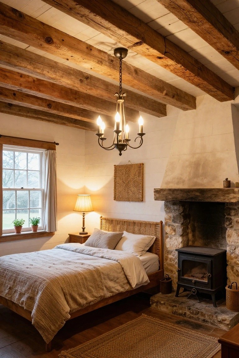 Bedroom interior featuring exposed wooden ceiling beams, a hanging chandelier, rattan bed with neutral linens, bedside lamp, window with plants, woven wall art, and a black cast-iron stove by a stone fireplace.