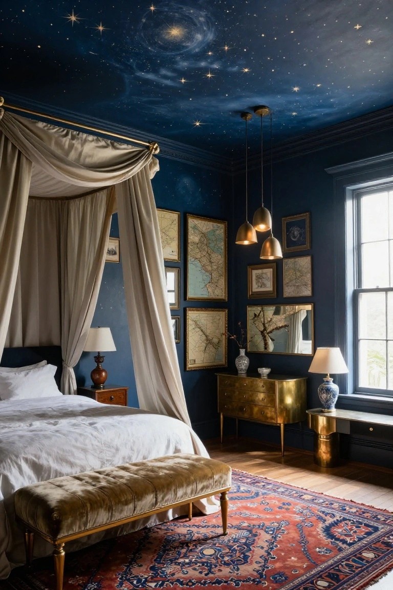Luxury bedroom with navy blue ceiling painted as a starry night sky with galaxies, four-poster bed draped in beige canopy, gold furniture, maps on walls, and a red Persian rug on wood floor.
