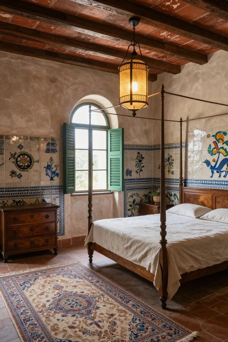 Bedroom with terracotta tiled ceiling and exposed wooden beams, four-poster wooden bed with white linens, wooden dresser, colorful tiled walls, and arched window with green shutters.