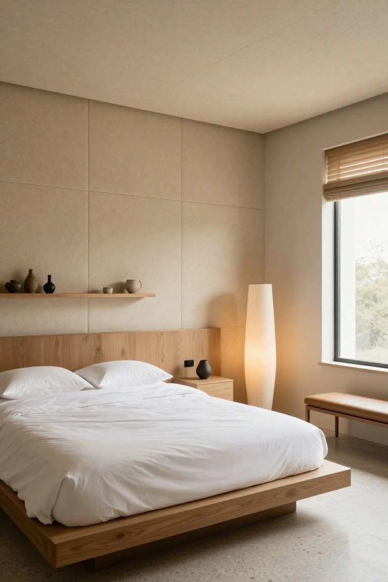 Modern bedroom with light beige paneled walls and ceiling, oak platform bed with white bedding, wooden floating shelf holding ceramic vases, tall cylindrical lamp beside nightstand, leather bench, and window with bamboo blinds.