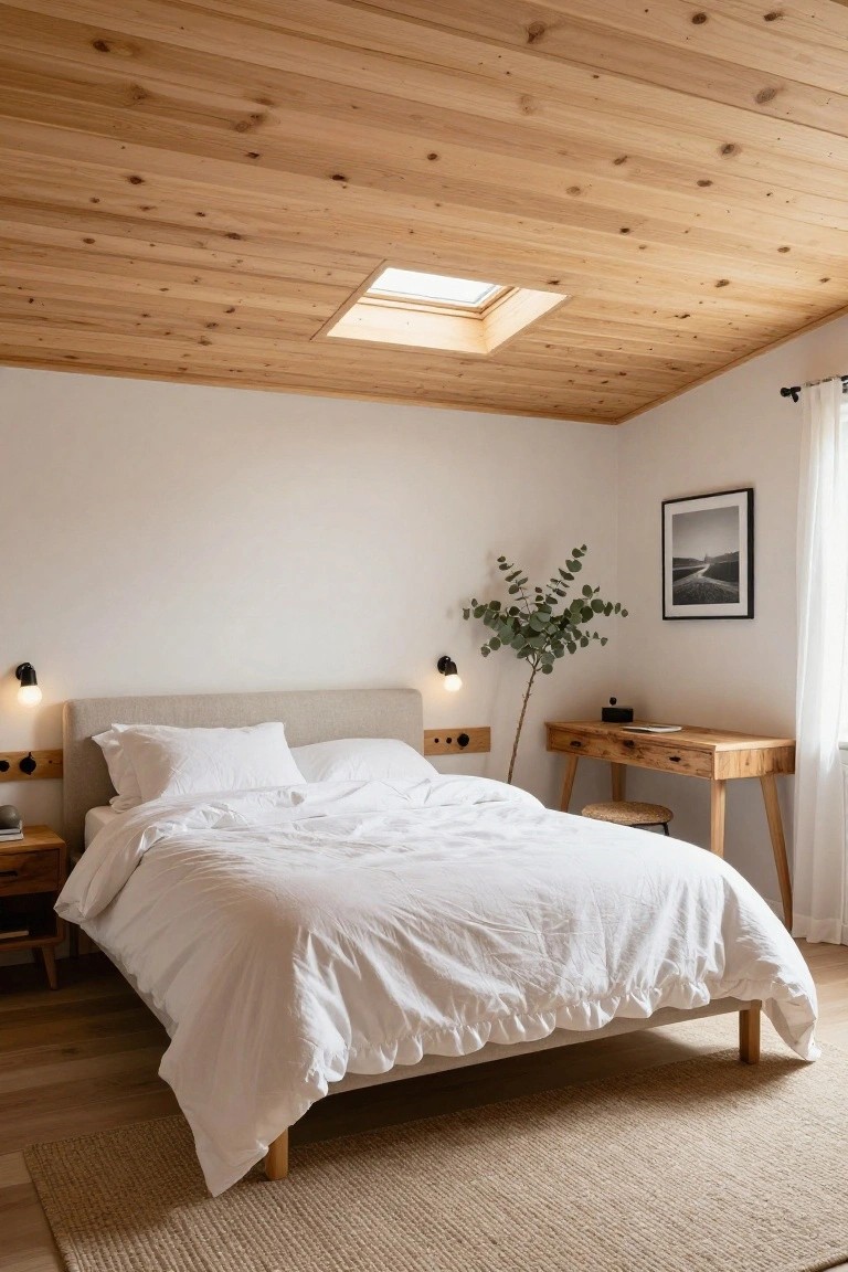 Bedroom with sloped light wood plank ceiling featuring a central skylight, beige upholstered bed with white linens, wooden nightstand and desk, potted plant, and white walls.