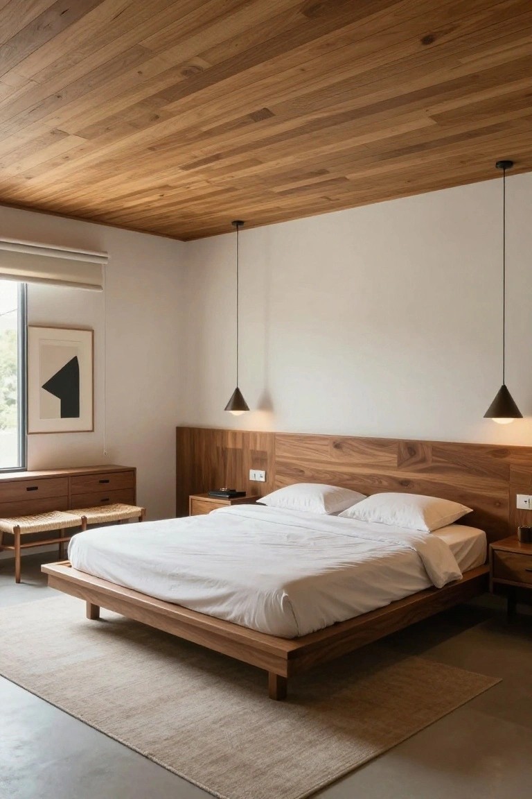 Modern bedroom featuring a slatted wooden ceiling, low wooden platform bed with white bedding, matching wood headboard and nightstands, pendant lights, a bench, dresser, abstract wall art, and a large window with beige blinds on a concrete floor with a beige rug.