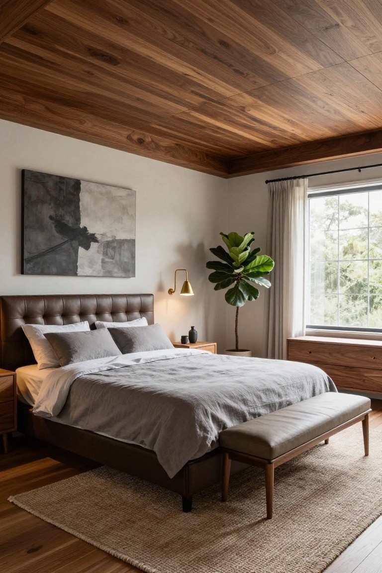 Bedroom interior with wood plank ceiling, brown tufted leather headboard bed dressed in gray linens, wooden nightstands, low wooden dresser, potted fiddle leaf fig plant near window with sheer curtains, and leather bench on wood floor with seagrass rug.