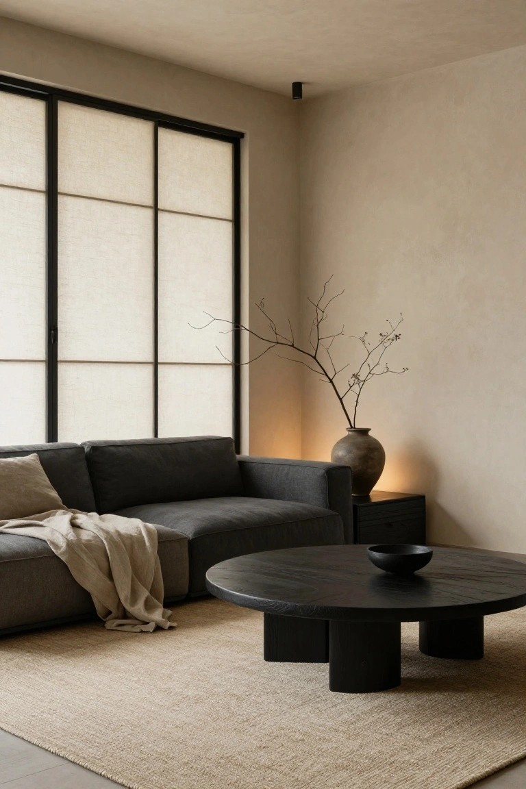 Modern living room with beige textured walls, black sliding shoji screens, dark gray L-shaped sofa with beige cushions and throw, black round wooden coffee table, seagrass rug, and potted branches near a lamp.