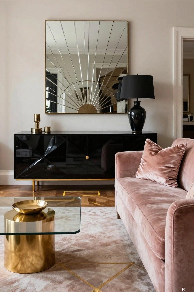 Living room with large gold sunburst mirror over black lacquered credenza with gold legs, black table lamp, blush pink velvet sofa, gold pedestal table with glass top, on neutral rug and wood floor.