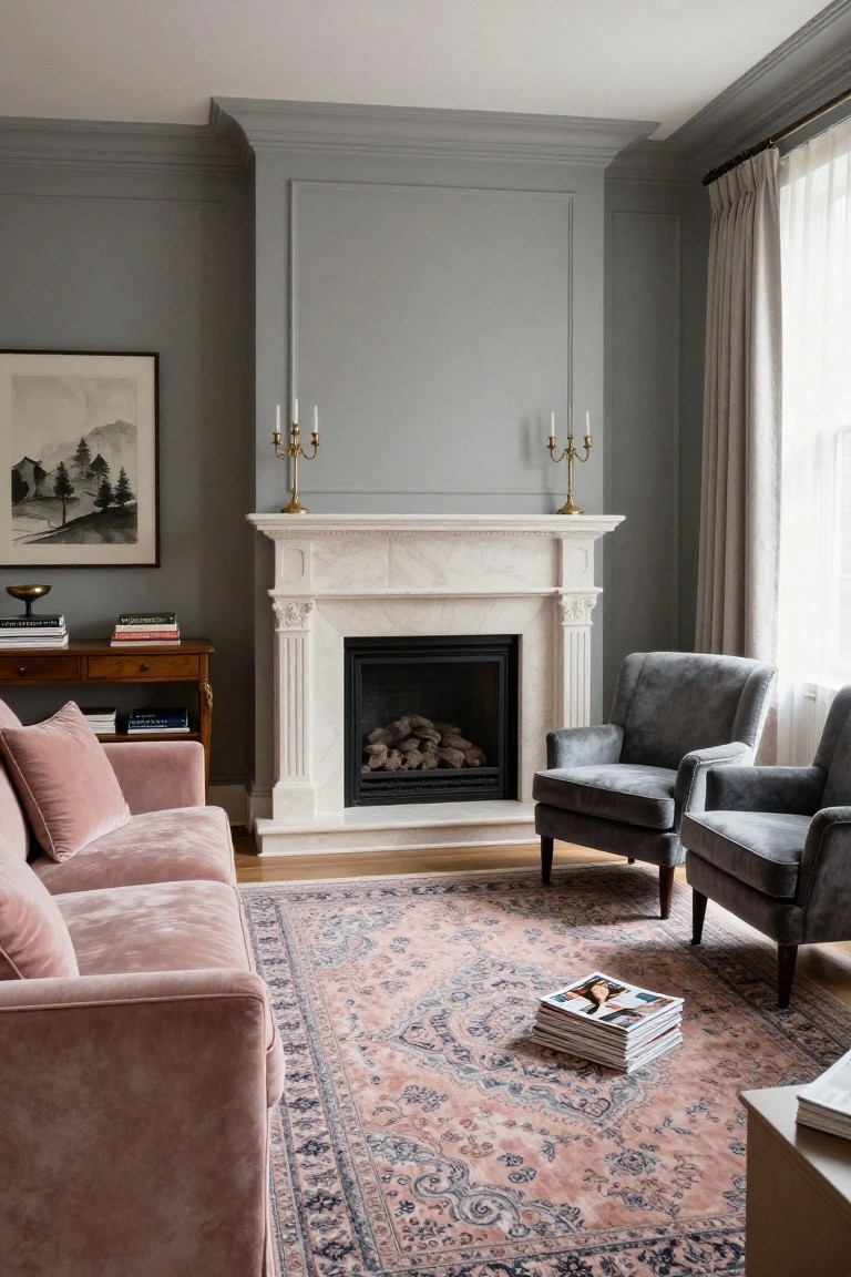 Living room interior with light gray paneled walls, white marble fireplace, blush pink velvet sofa with pink pillows, two gray velvet armchairs, pink and blue rug, oak flooring, and side tables.