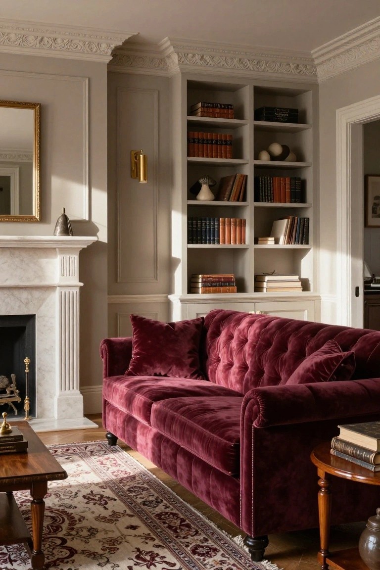 A living room interior with a tufted deep red velvet sofa facing a white marble fireplace, flanked by built-in bookshelves with books and objects, neutral gray walls, wood tables, and a patterned rug on wood floors.