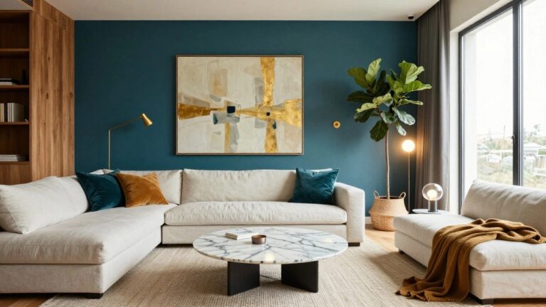 Living room with deep teal walls, white sofa with emerald green and mustard yellow pillows, gold abstract painting, wooden built-in shelves holding books and a fiddle leaf fig plant, marble coffee table, and rattan side table next to a window.