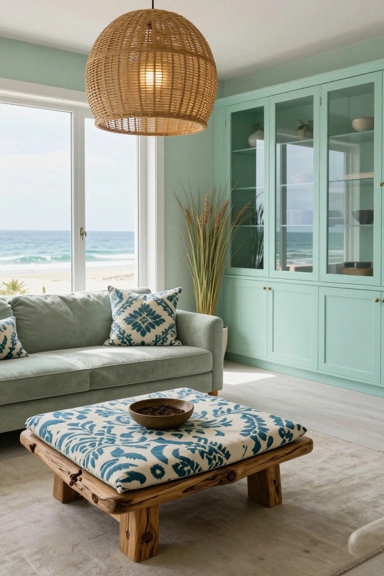 Living room with mint green walls and glass-front cabinets, sage green sofa with blue patterned pillows, blue and white patterned upholstered wooden coffee table, rattan pendant light, pampas grass plant, and large windows overlooking ocean and beach.