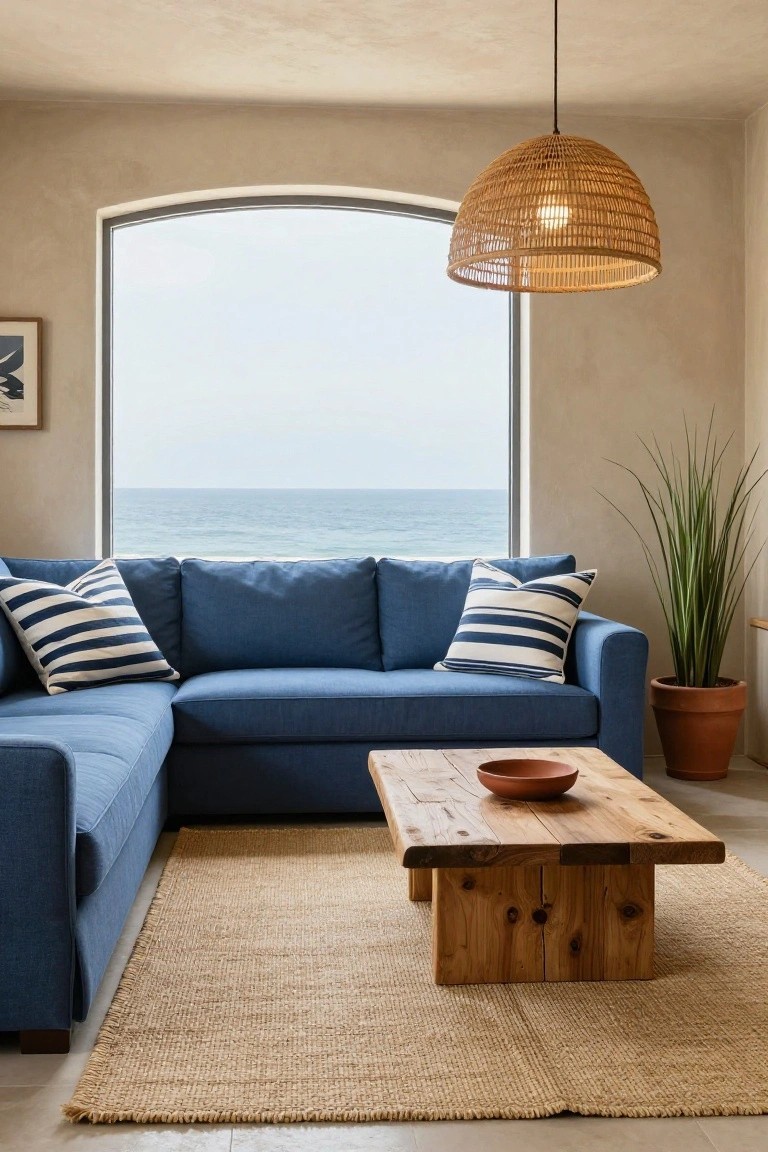 Living room featuring a navy blue L-shaped sofa with white striped pillows, low wooden coffee table, seagrass rug, potted plants, rattan pendant lamp, and large arched window with ocean view.