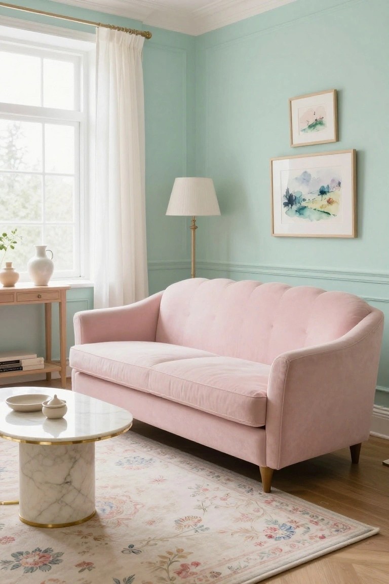 A living room with mint green walls, blush pink tufted velvet sofa, round white marble coffee table with gold base and brass edge, white curtains on a multi-pane window, wooden side table with vases, framed watercolor art, floor lamp, and floral area rug on oak hardwood floors.