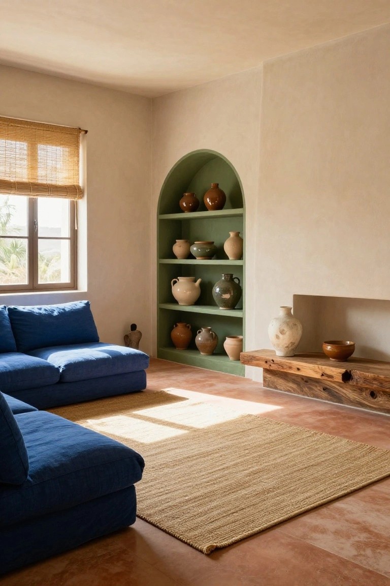 Living room with cream walls, sage green arched shelving alcove holding assorted pottery, recessed fireplace on wood mantel with white vase and bowl, L-shaped deep blue sofa, seagrass rug on terracotta tile floor, and window with bamboo shades overlooking palm trees.