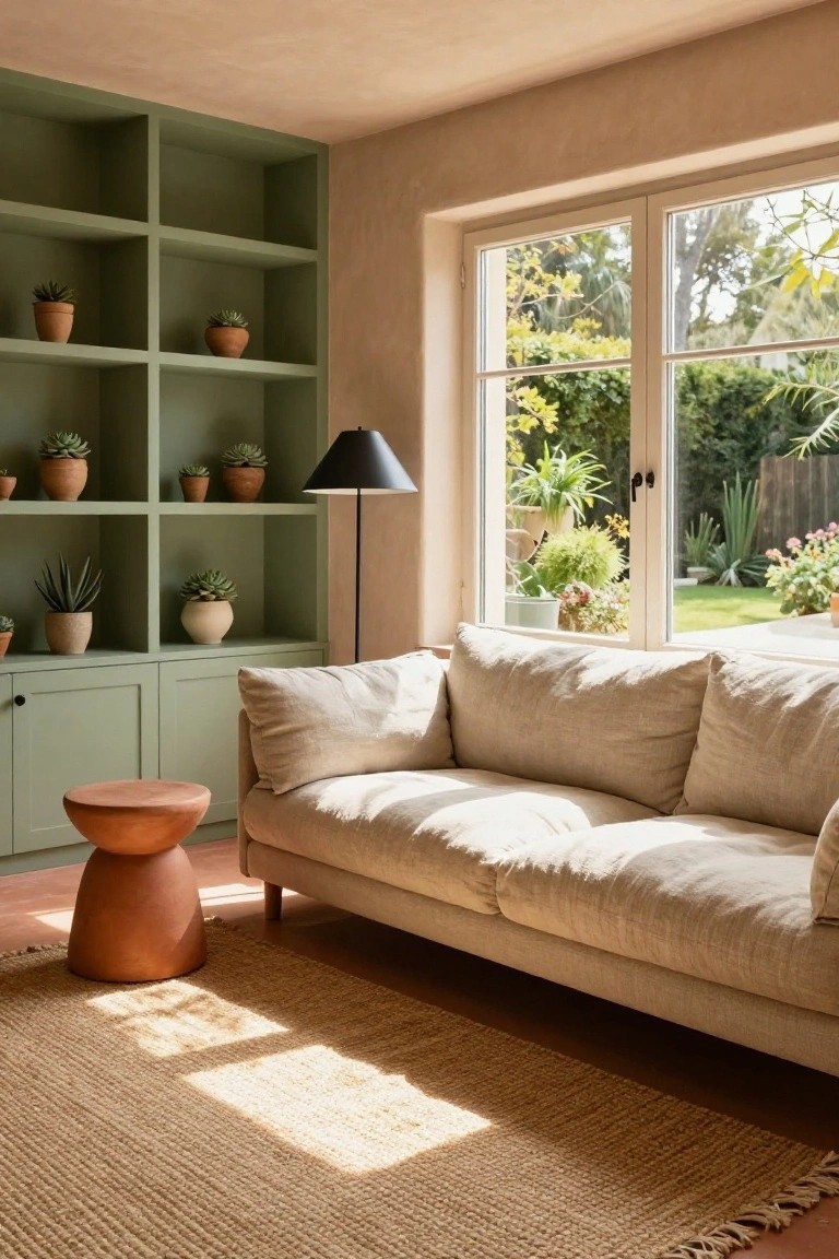 Living room with sage green built-in shelves and cabinets holding various potted succulents and plants in terracotta pots, a large cream linen sofa, a round terracotta stool, seagrass rug, black floor lamp, and large windows showing a garden outside.