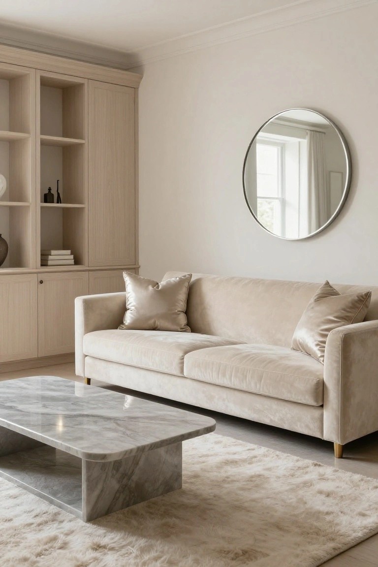 A modern living room with light beige walls, cream velvet sofa with satin pillows, gray marble coffee table, oak built-in shelving with vases and books, large round mirror, and cream shag rug on light wood floors.