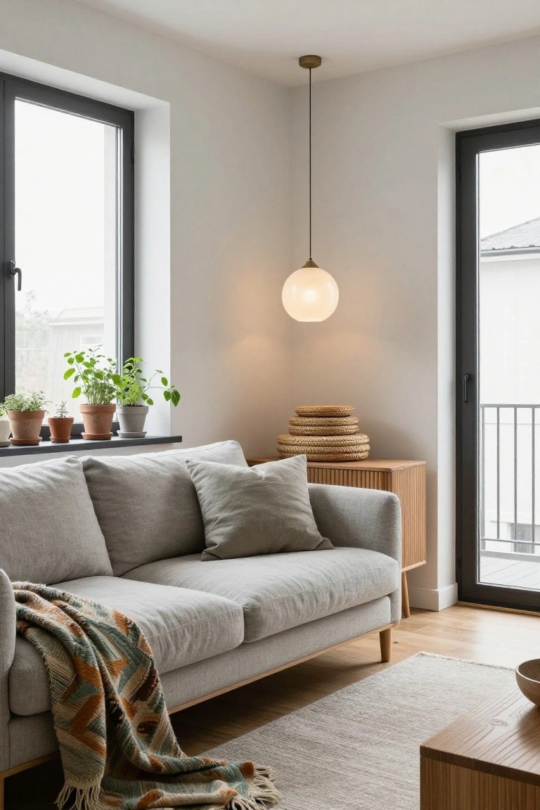 Modern living room corner with light gray sofa draped in woven throw, wooden credenza with stacked baskets, potted herbs on dark windowsill, glass pendant light, and black-framed balcony doors.