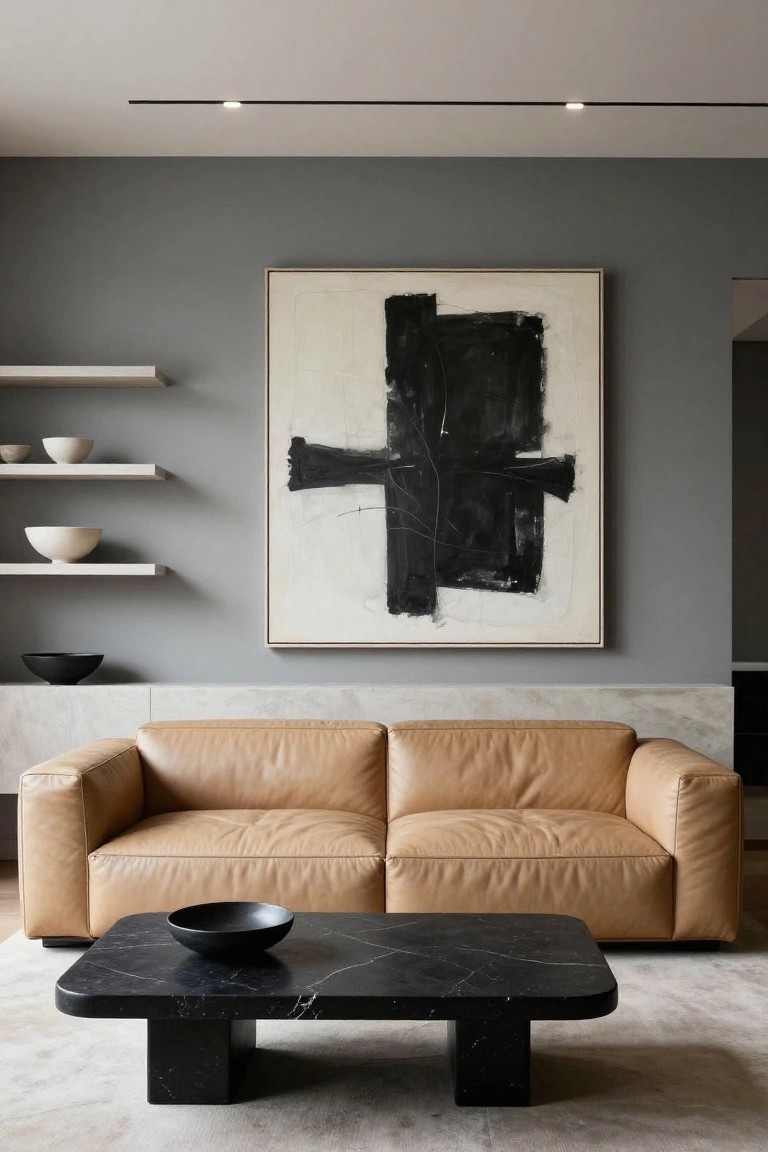 A modern living room with light gray walls, tan leather L-shaped sofa, black marble coffee table, floating white shelves holding white and black bowls, and a large abstract black and white painting in a gold frame.