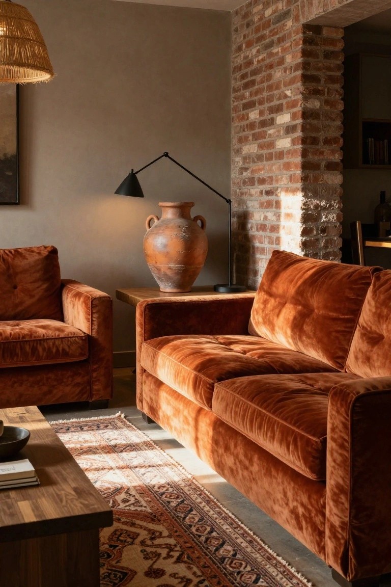 A living room with two burnt orange velvet sofas arranged around a wooden coffee table on a patterned rug, next to a large terracotta vase on a side table, under a woven pendant light, against a beige wall and exposed brick archway.