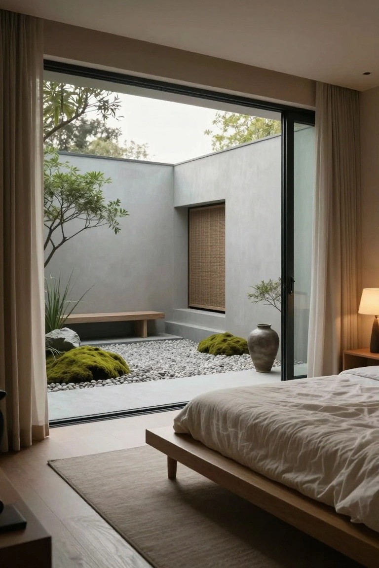 Minimalist bedroom interior with light wood platform bed, open sliding glass doors, and beige curtains framing a small courtyard garden containing gravel ground cover, moss, rocks, a wooden bench, potted tree, and large vase.