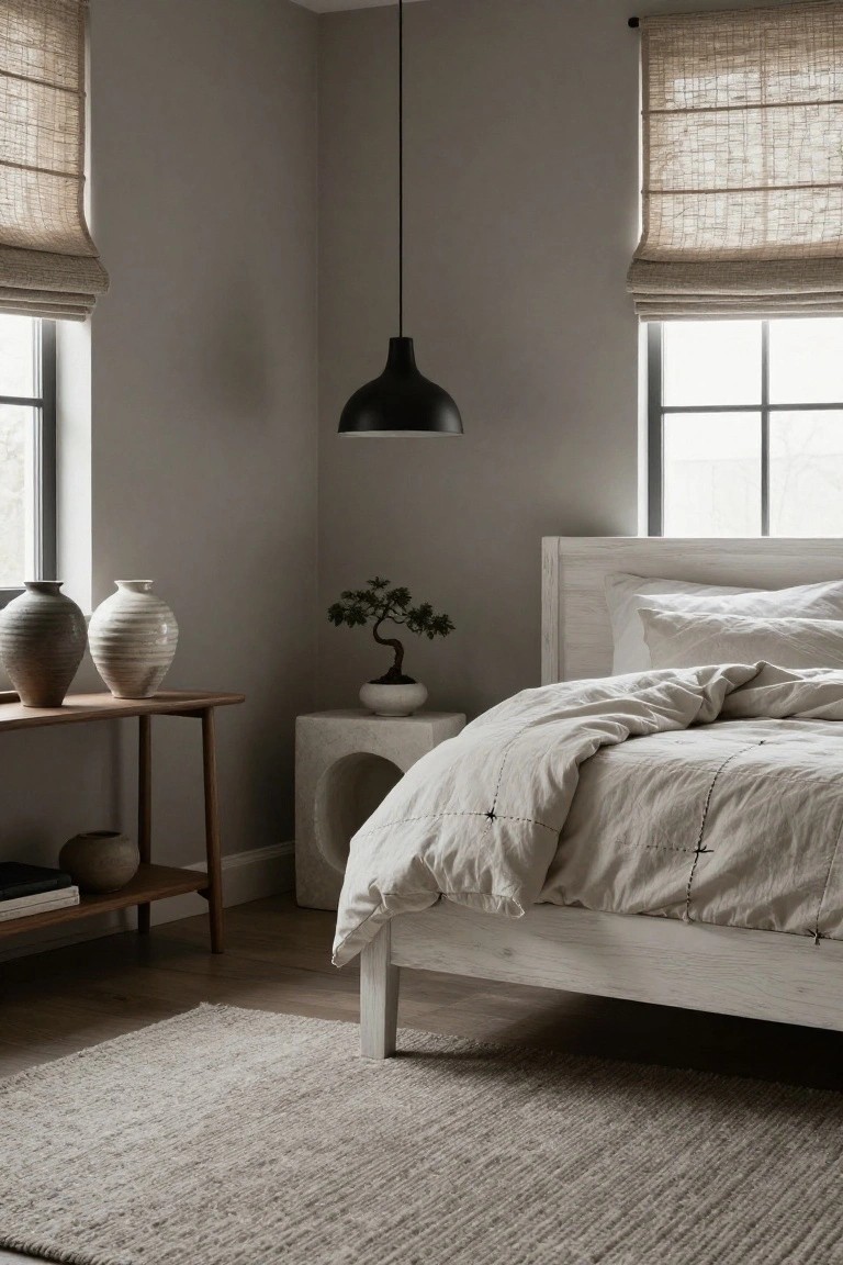 Corner view of a neutral-toned bedroom with a white wood bed frame and rumpled white linen duvet, slim wood console table holding two tall ceramic vases, small round pedestal table with bonsai plant in white pot next to an arched stone nightstand, woven blinds on two windows, black pendant light hanging from ceiling, and light gray walls with light wood floor and beige rug.