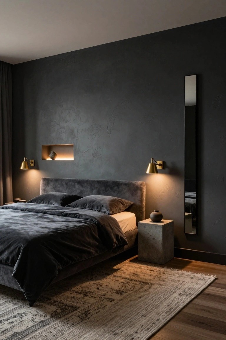 Modern bedroom with dark gray textured plaster walls, gray velvet upholstered bed with matching duvet and pillows, brass sconce lights beside the bed and illuminating a wall niche with a stone sculpture, tall slim black-framed mirror, concrete side table with ceramic vase, beige rug on light wood floor.