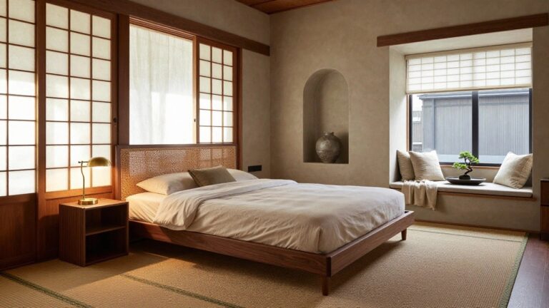 Bedroom with light wooden shoji screens on walls, low wooden platform bed with rattan headboard and beige bedding, brass lamp on nightstand, bonsai tree on window bench, and beige vase in arched niche.