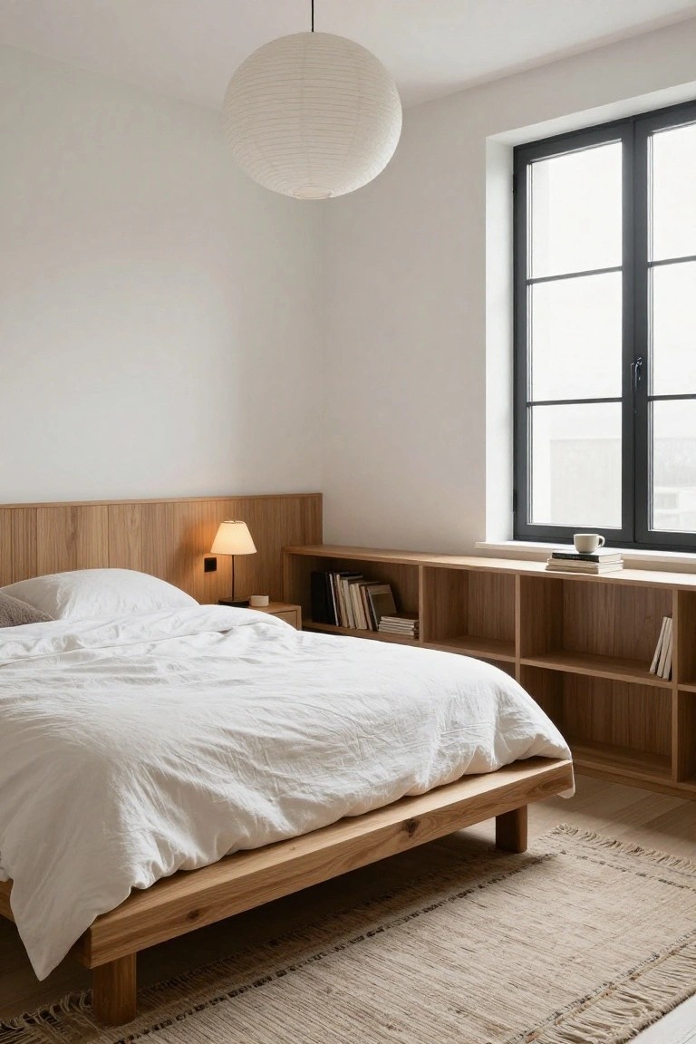 Minimalist bedroom featuring a low wooden platform bed with white linens, light wood vertical paneling as headboard extending into built-in shelves on either side, a small bedside lamp, books on shelves, and a large window with black frame.
