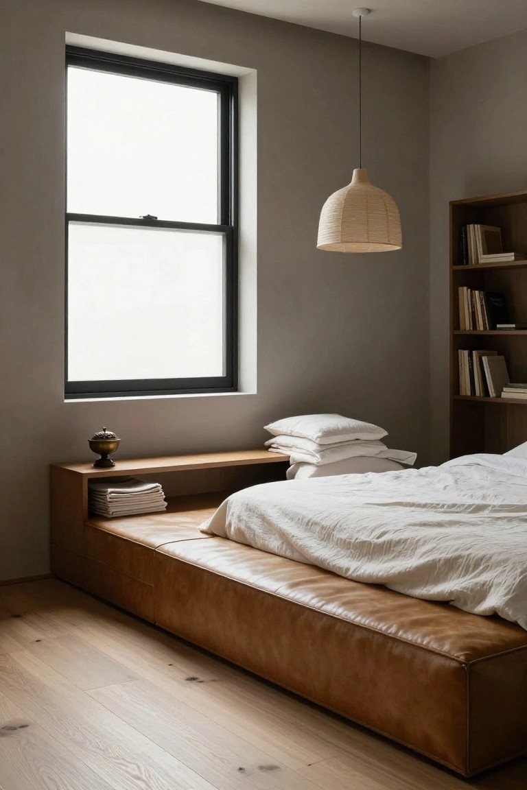 A minimalist bedroom with low tan leather platform bed covered in white linens and pillows, wooden nightstand with folded white towels and brass incense burner, rattan pendant lamp hanging above, built-in wooden bookshelf with books, large black-framed window, soft gray walls, and light oak wood floors.