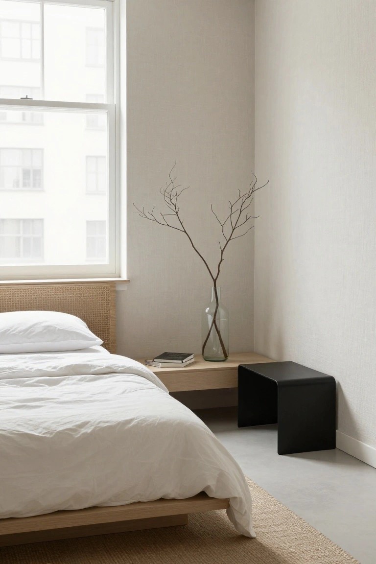 Corner view of a minimalist bedroom with a low light wood platform bed, rattan headboard, white linens, wood nightstand holding a book and glass vase with branches, black metal stool, beige rug, and large windows overlooking buildings against pale walls and concrete floor.