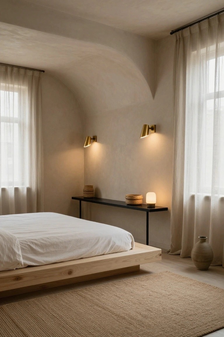 A minimalist bedroom with low natural wood platform bed, white sheets, beige textured arched walls, sheer curtains on two windows, paired gold wall sconces, black metal console table with ceramic lamp and stacked baskets, tall clay vase, and seagrass rug.