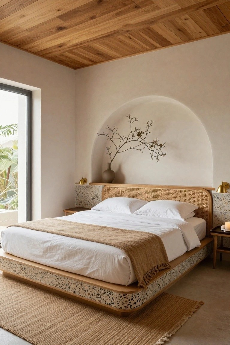 Bedroom with low platform bed featuring rattan headboard, terrazzo and wood base, white bedding, arched wall niche with branches and vase, wood ceiling, wall lamps, side table with candle, jute rug, and window showing plants outside.