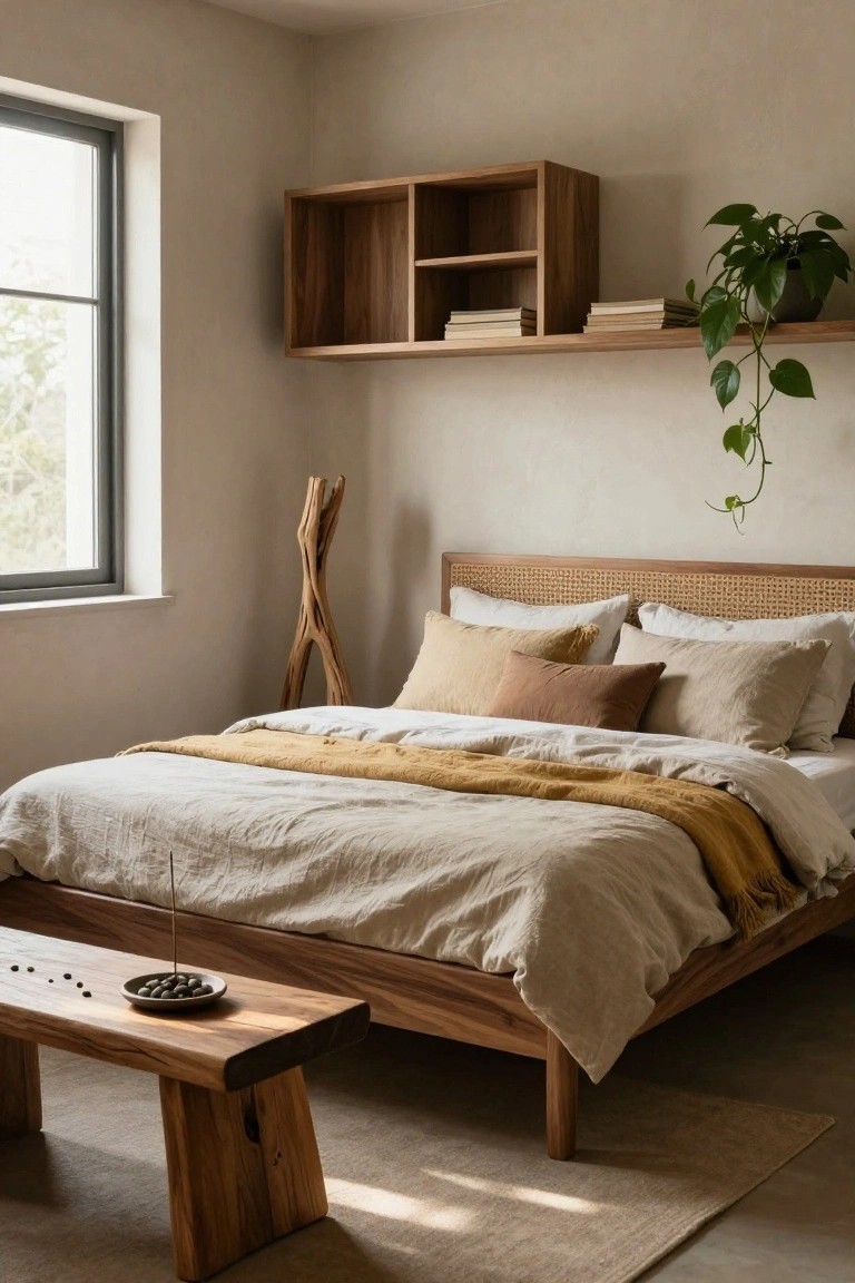 Bedroom with low wooden platform bed covered in white and beige linen bedding and yellow throw, rattan headboard, pillows in neutral tones, floating wooden shelves with books and potted trailing plant, tall wooden floor sculpture, wooden bench holding incense stick and stone dish at bed foot, beige walls, window, and light rug.