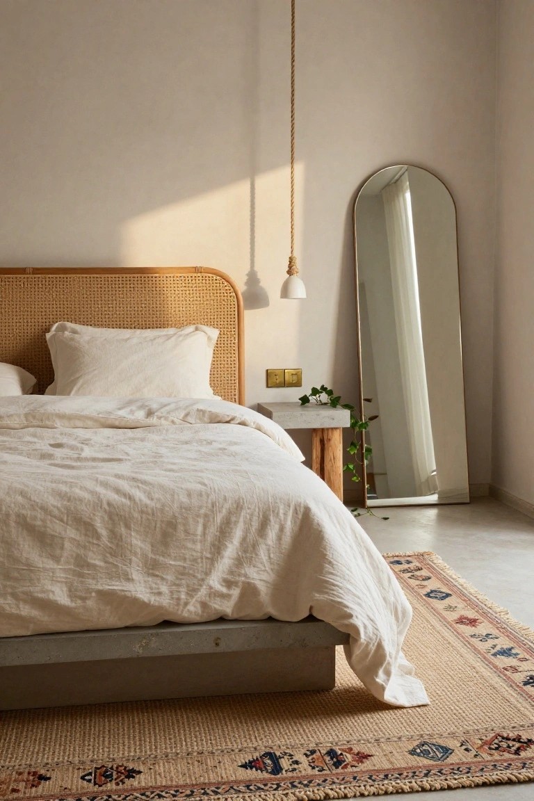 Bedroom with rattan headboard on concrete platform bed draped in white linens, arched gold mirror, two pendant lights, wood stool with ivy plant, and woven rug on concrete floor.