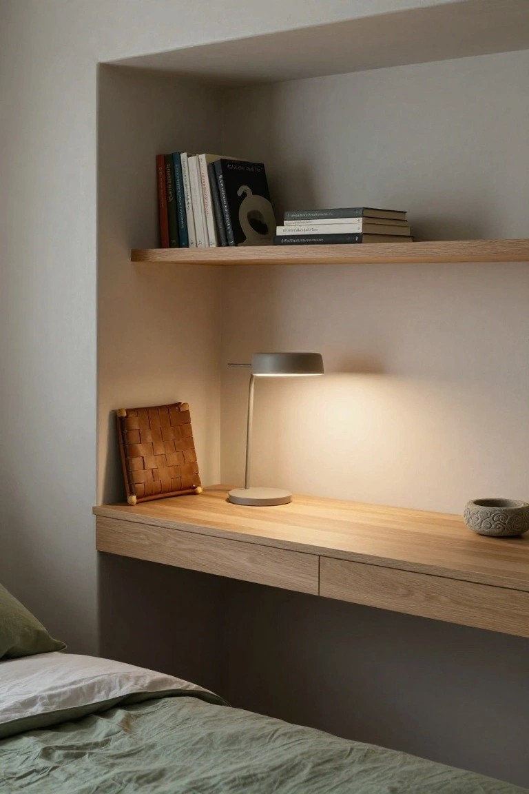Recessed bedroom wall niche with floating oak shelves holding books, a wooden desk surface with lamp and woven tray, and a nearby bed with green linens.